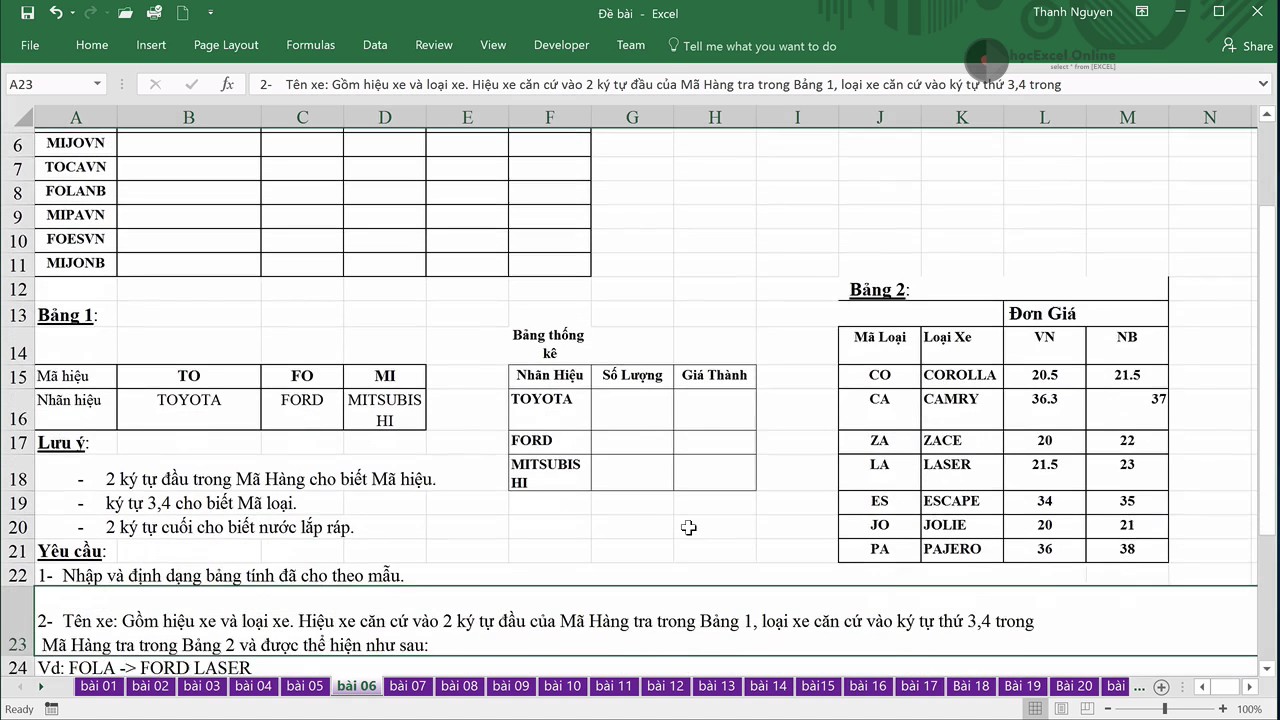 EX102   06   HLOOKUP, VLOOKUP, INDEX, MATCH, IF, tính phần trăm, COUNTIF, SUMIF p01