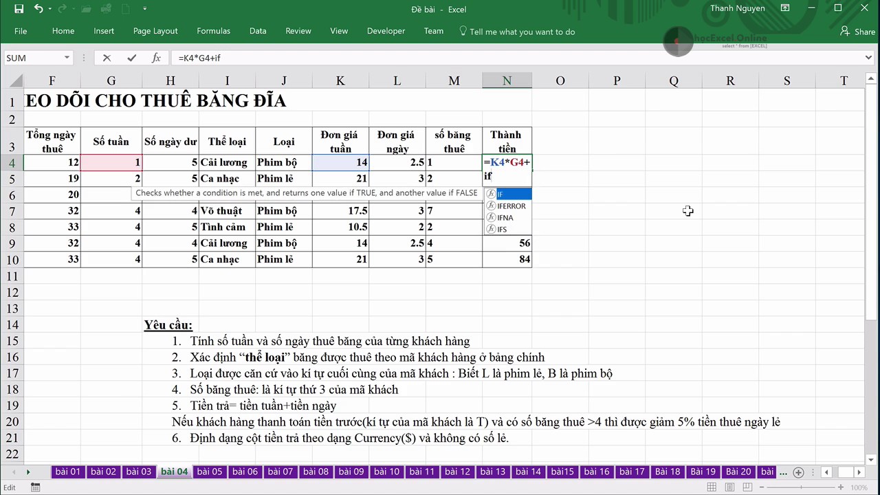 EX102   04   INT, MOD, VLOOKUP, LEFT, RIGHT, MID, AND, IF, SUMIFS, định dạng cell p02
