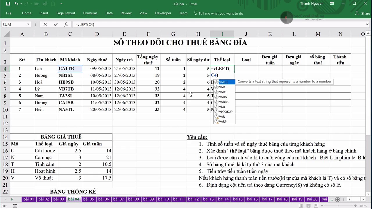EX102   04   INT, MOD, VLOOKUP, LEFT, RIGHT, MID, AND, IF, SUMIFS, định dạng cell p01