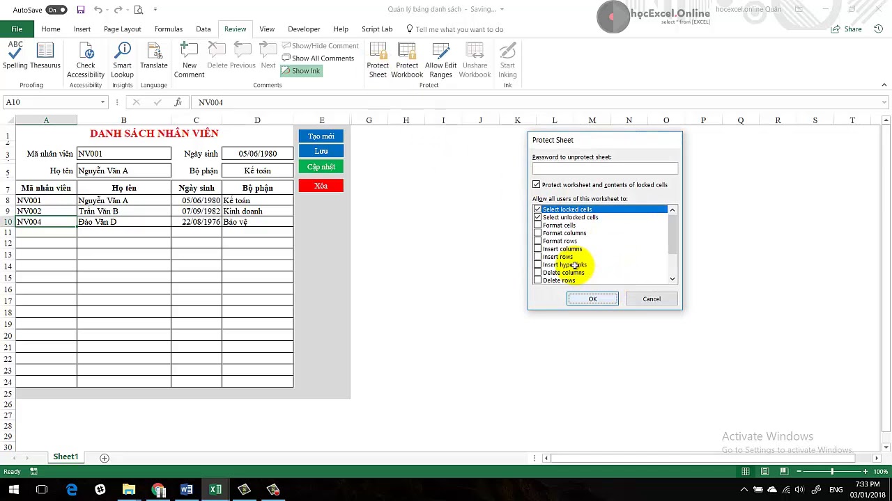 Ứng dụng VBA lấy dữ liệu trong bảng danh sách đang khóa chỉ với 1 click